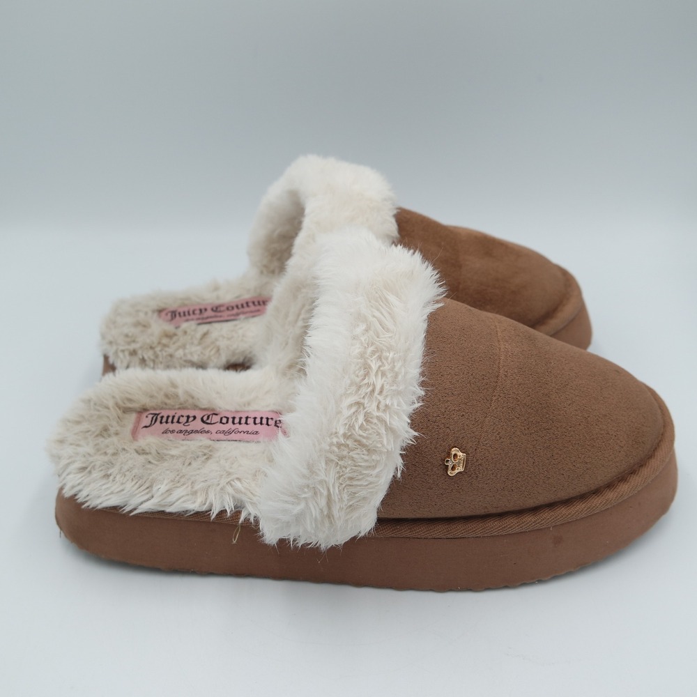 Juicy Couture Womens Brown Suede Platform Faux Fur Slippers Size 6 Y2K Style